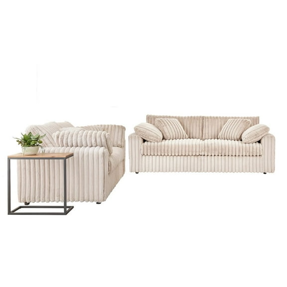 Roundhill Furniture Belvoir 2-Piece Living Room Set, Sofa and Loveseat, Beige Champagne