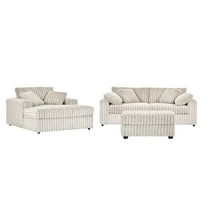 Roundhill Furniture Belvoir 3-Piece Living Room Set, Sofa Cuddle Chaise and Ottoman, Beige Champagne