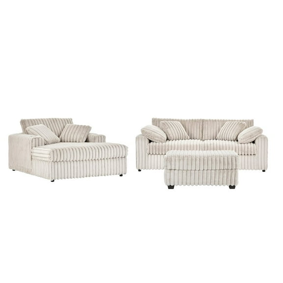 Roundhill Furniture Belvoir 3-Piece Living Room Set, Sofa Cuddle Chaise and Ottoman, Beige Champagne