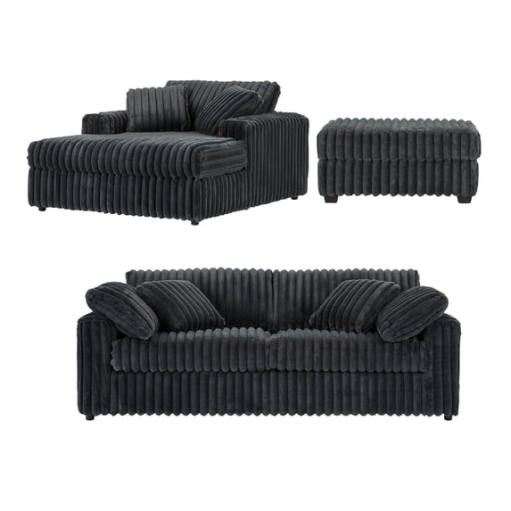 Roundhill Furniture Belvoir 3-Piece Living Room Set, Sofa Cuddle Chaise and Ottoman, Charcoal