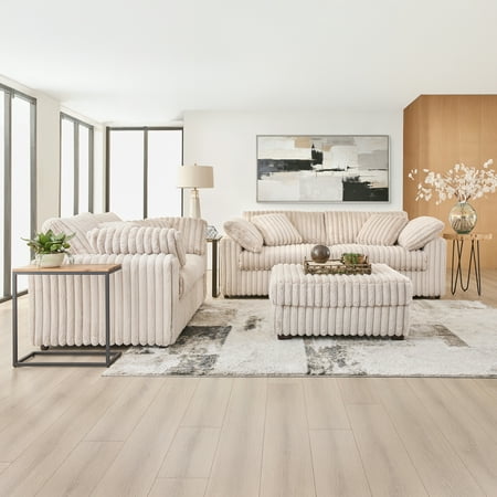 Roundhill Furniture Belvoir 3-Piece Living Room Set, Sofa Loveseat and Ottoman, Beige Champagne