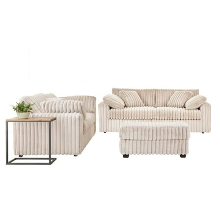 Roundhill Furniture Belvoir 3-Piece Living Room Set, Sofa Loveseat and Ottoman, Beige Champagne