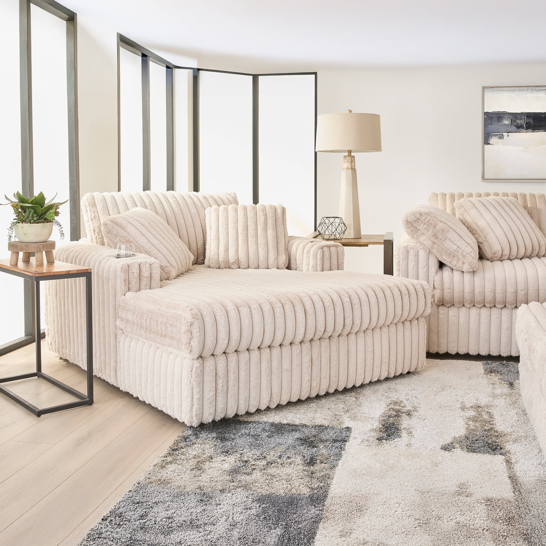 Roundhill Furniture Belvoir Oversized Cuddle Chaise, with Cup Holders, Beige Champagne