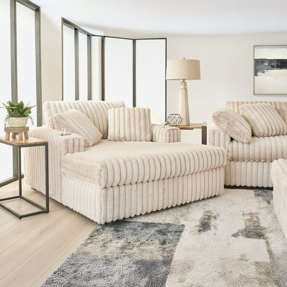 Roundhill Furniture Belvoir Oversized Cuddle Chaise, with Cup Holders, Beige Champagne