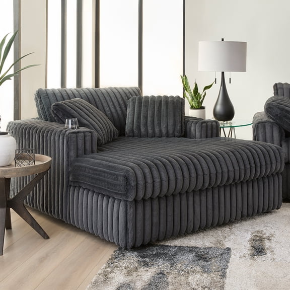 Roundhill Furniture Belvoir Oversized Cuddle Chaise, with Cup Holders, Charcoal