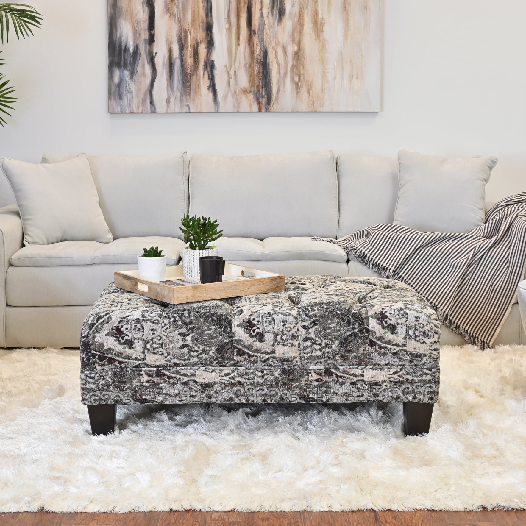 Turkish Charcoal Tufted Fabric Oversized Ottoman with Block Legs