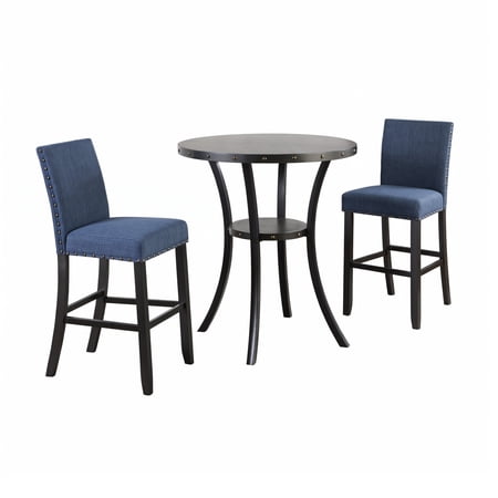Roundhill Furniture Biony 36" Round Bistro Set with 2 Pub-Chairs in Espresso/Blue