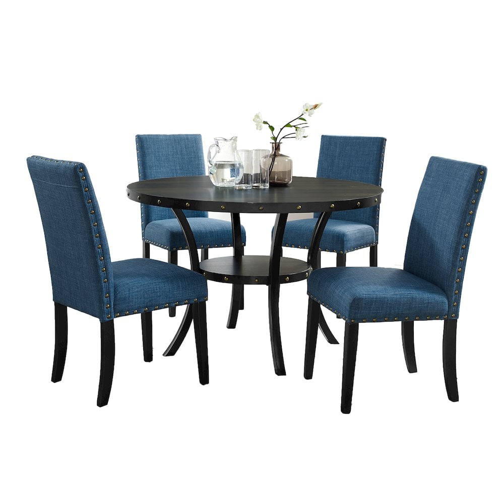 Espresso Rubberwood Round Dining Table Set with Blue Nailhead Chairs
