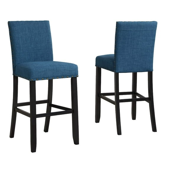 Roundhill Furniture Biony Fabric Bar Stool with Nailhead Trim in Blue (Set of 2)