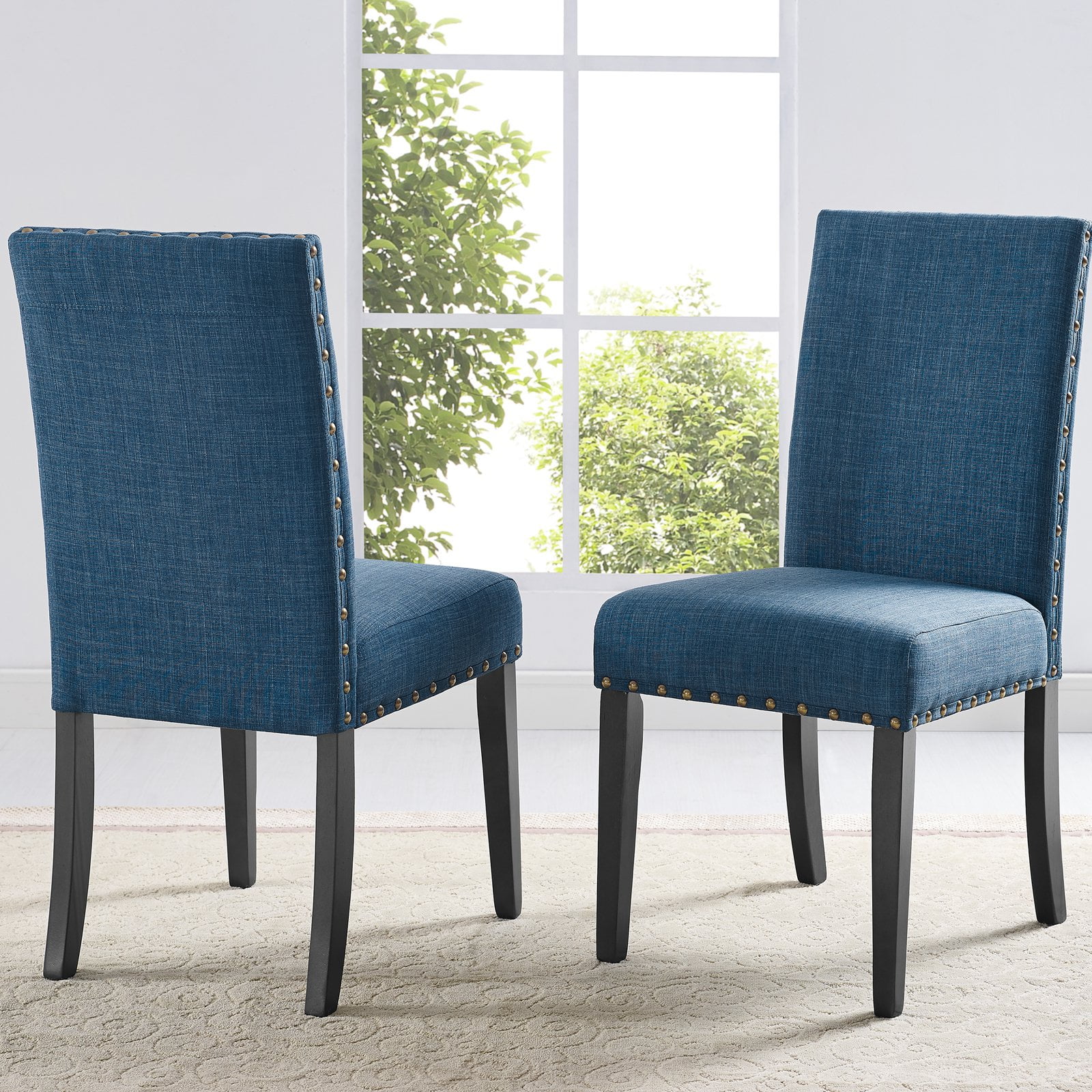 Roundhill Furniture Biony Fabric Dining Chair with Nailheads in Blue Set of 2