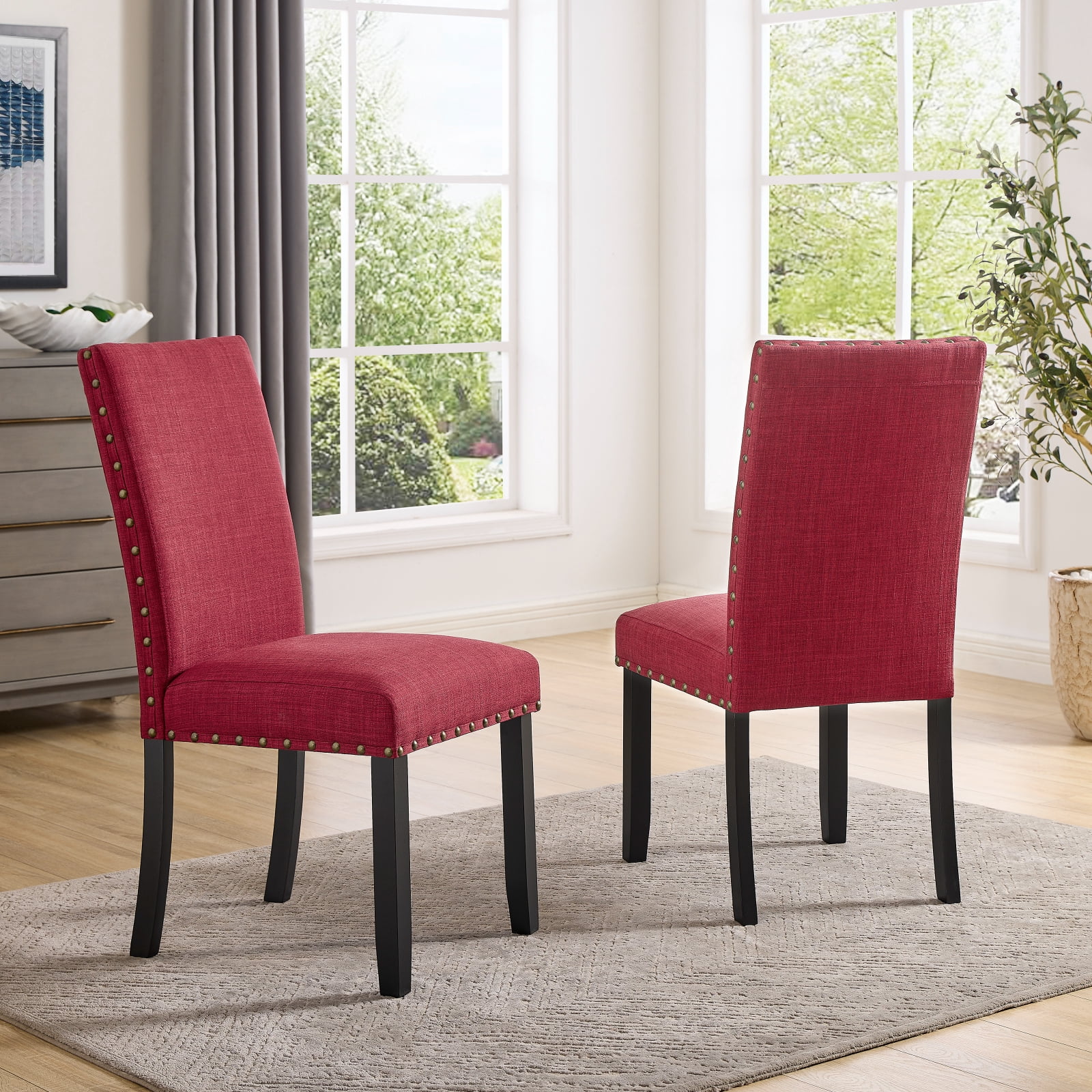 Roundhill Furniture Biony Fabric Dining Chairs with Nailhead Trim, Set of 2, Red