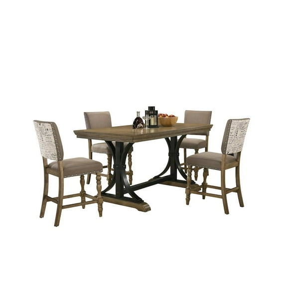 Roundhill Furniture Birmingham 5-Pc Driftwood Table with Nail Head Chairs Counter Height Dining Set