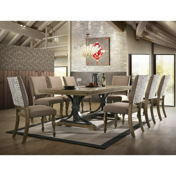 Roundhill Furniture Birmingham 9-Piece Dining Set, Extendable Table with Nailhead Chairs, Driftwood Finish