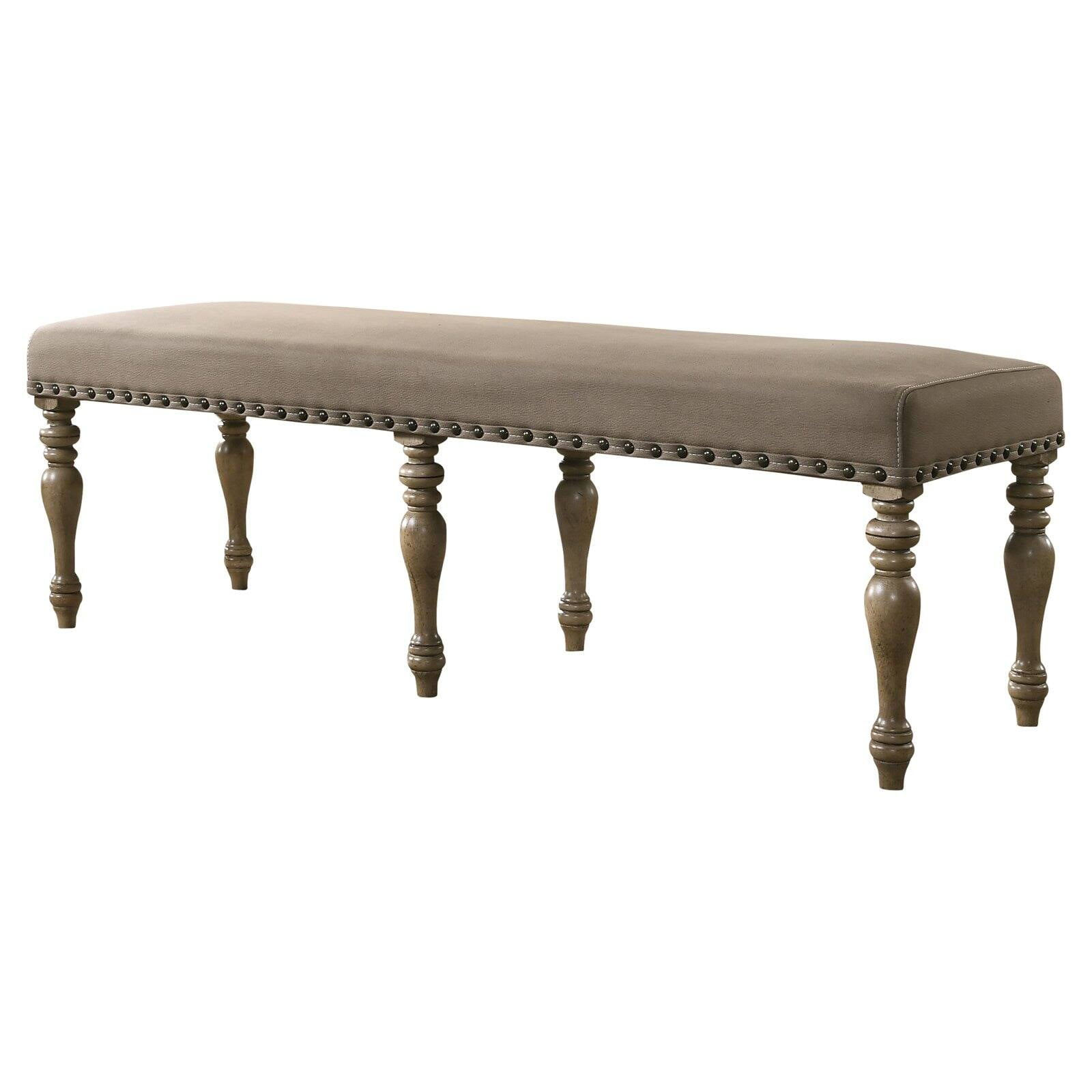 Roundhill Furniture Birmingham Microfiber Upholstered Bench with Nail Head Trim in Driftwood Finish
