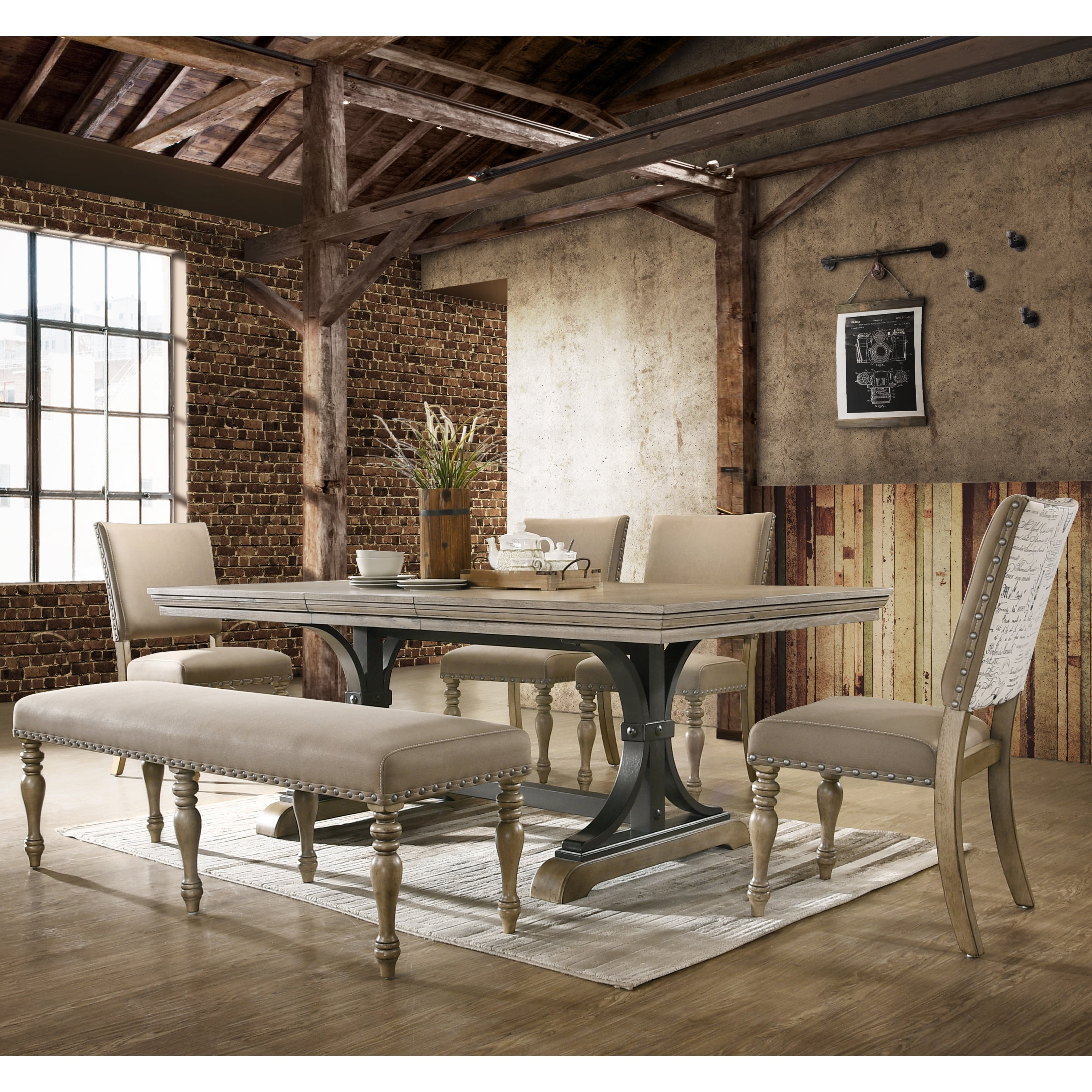 Rustic Driftwood Dining Set with Beige Upholstered Chairs and Bench