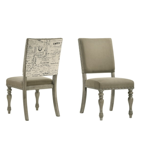 Roundhill Furniture Birmingham Script Printed Finish Dining Chair with Nail Head, Set of 2, Driftwood