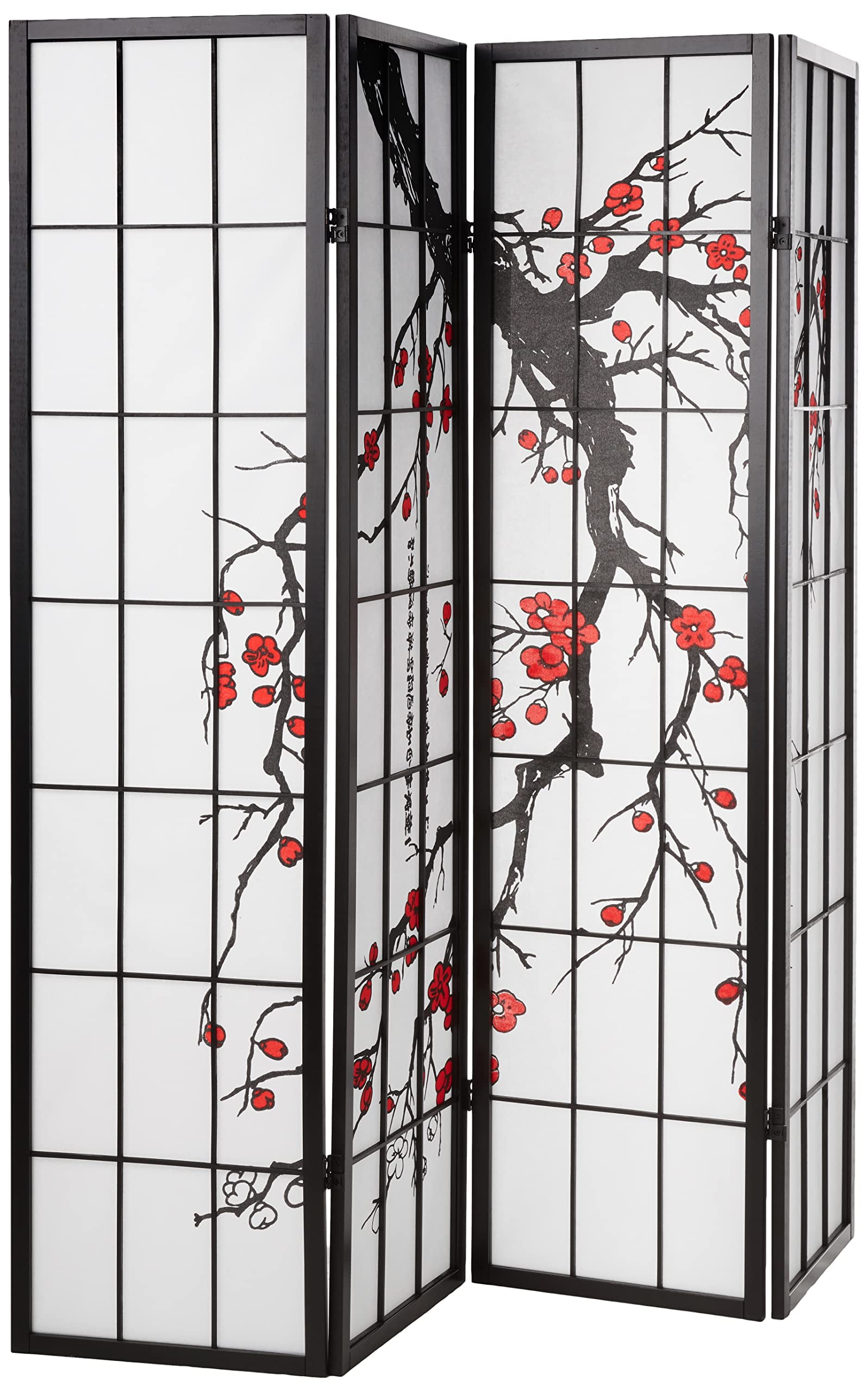 Roundhill Furniture Black Japanese 4Panel Screen Room Divider, Plum