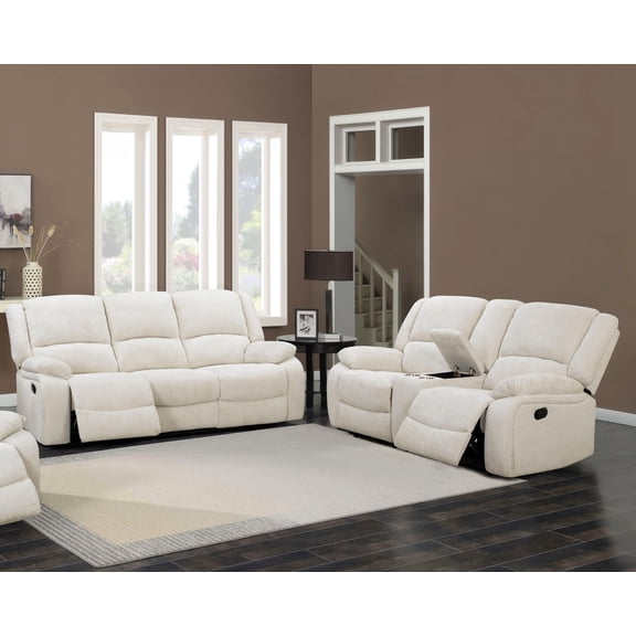 Roundhill Furniture Blitz Transitional 2-Piece Living Room Reclining Set, Sofa and Loveseat, Sand