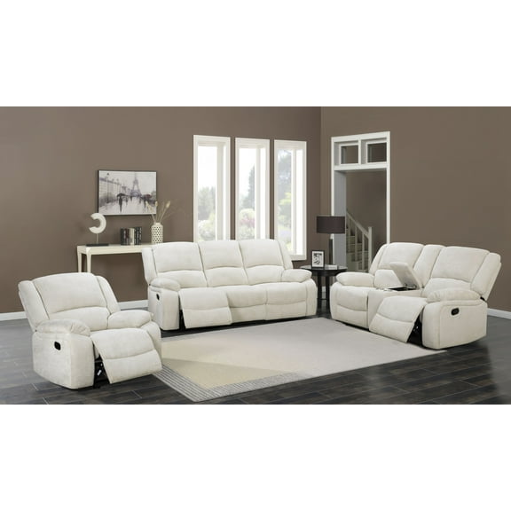 Roundhill Furniture Blitz Transitional 3-Piece Living Room Reclining Set, Sofa Loveseat and Recliner, Sand