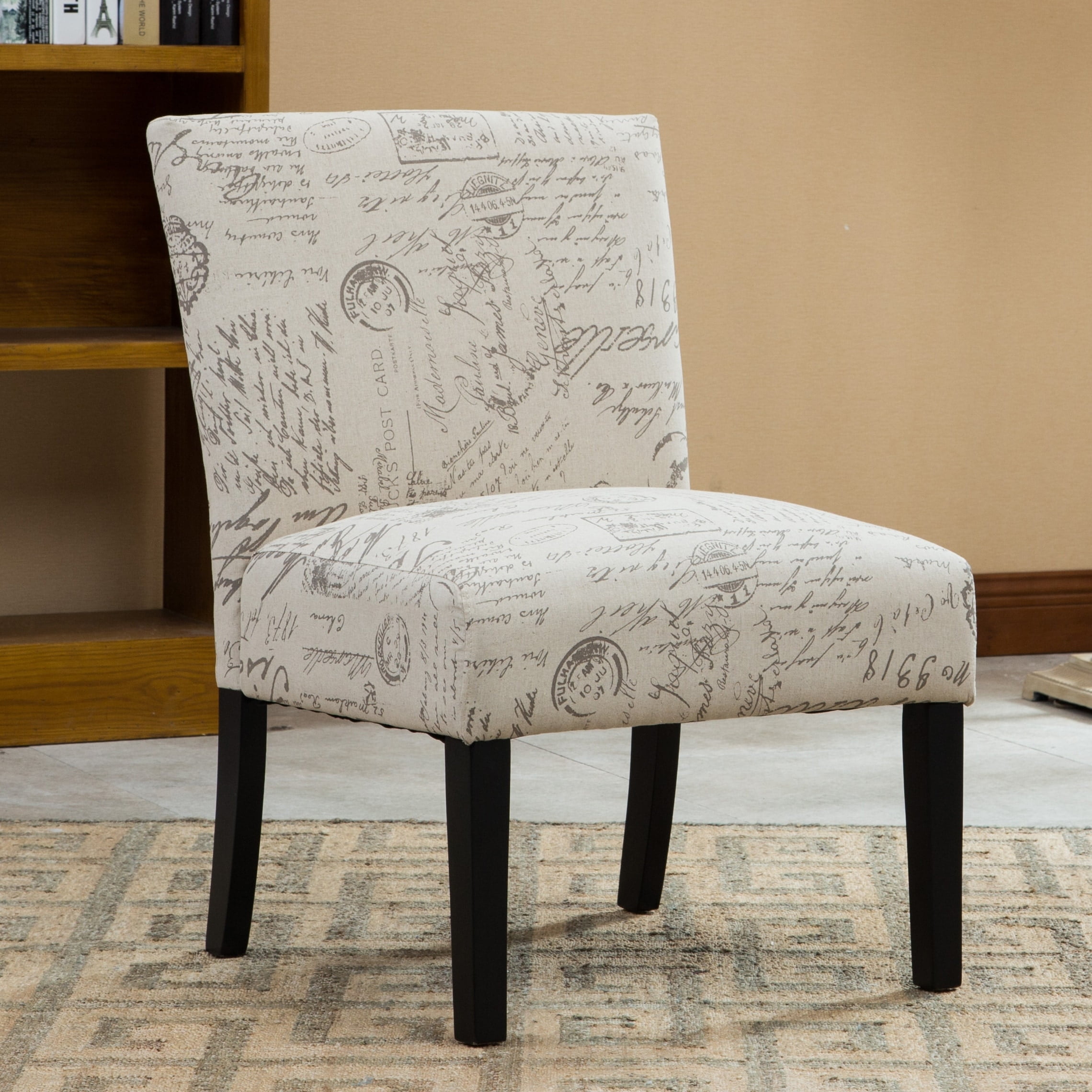 Beige Script Print Fabric Armless Slipper Chair with Wood Legs
