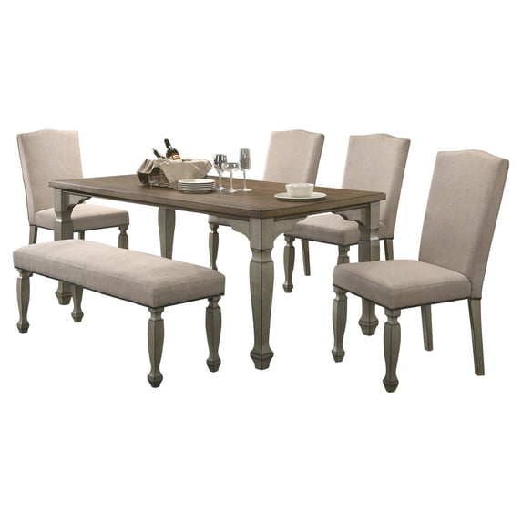 Roundhill Furniture Breda Antique Gray and Dark Oak Finished Wood Dining Set, Table, Bench, Chairs