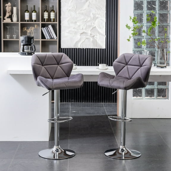 Breni Velvet Diamond Tufted Swivel Adjustable Height Barstool, Set of 2, Gray