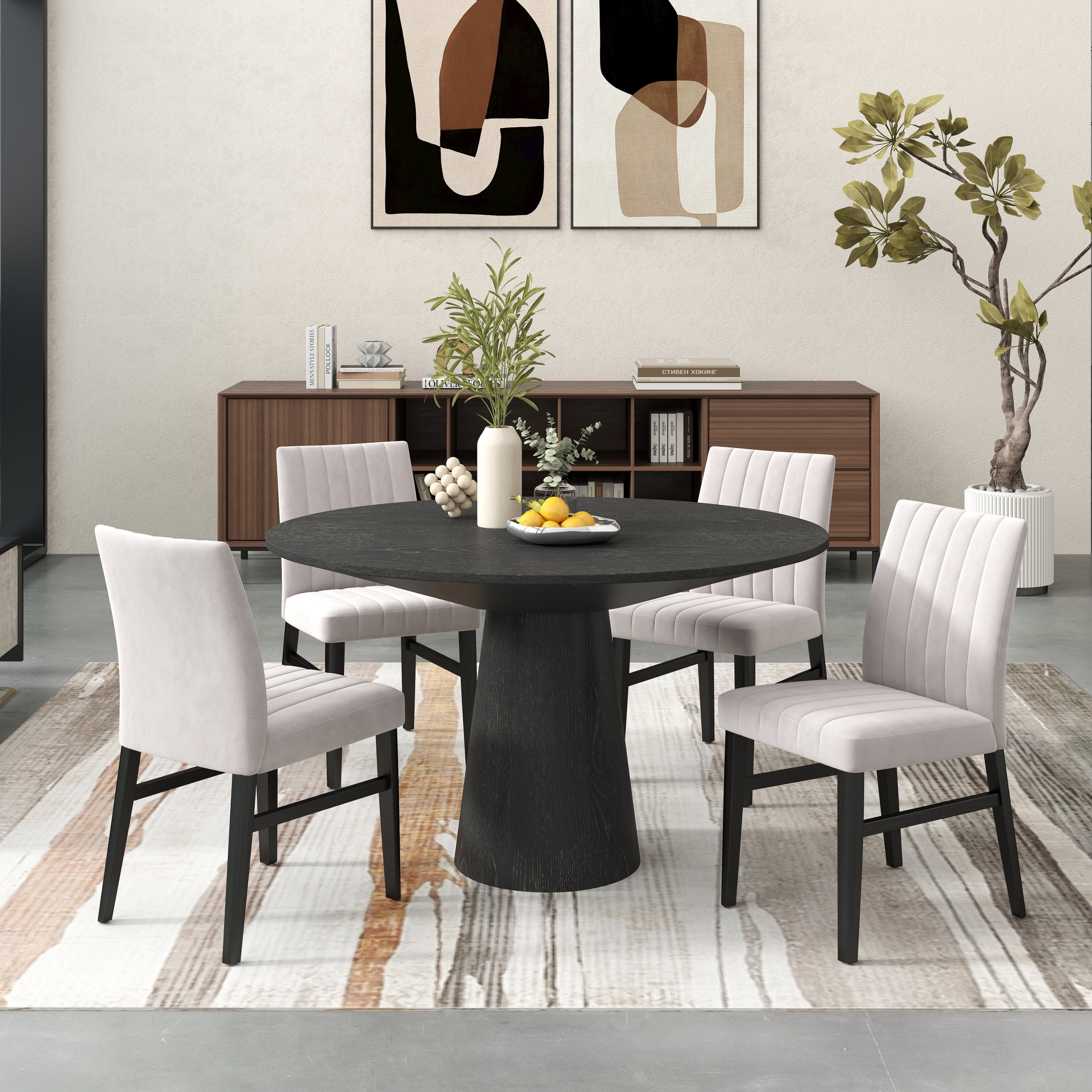 Tan Upholstered 5-Piece Round Dining Set with Black Pedestal Table