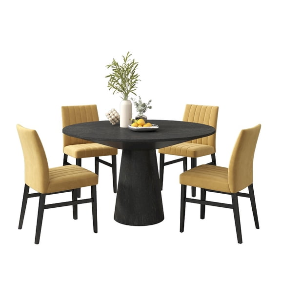 Roundhill Furniture Butler 5-PC Round Dining Set, Pedestal Dining Table with 4 Side Chairs, Yellow