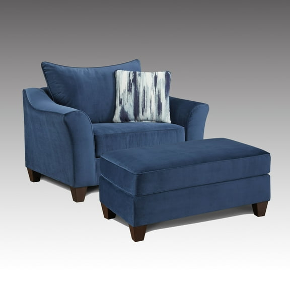 Roundhill Furniture Camero Fabric Pillowback Armchair with Ottoman Set, Fabric, Navy Blue