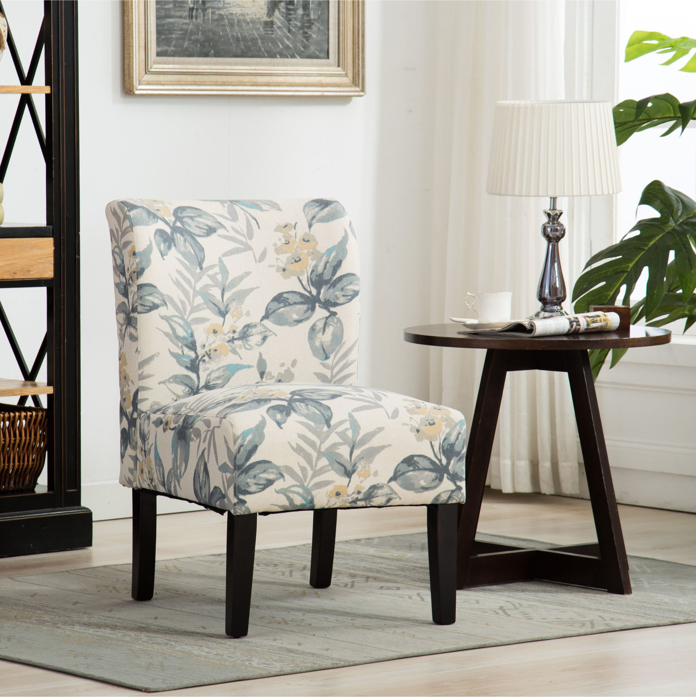 Blue Floral Fabric Armless Accent Chair with Wood Legs
