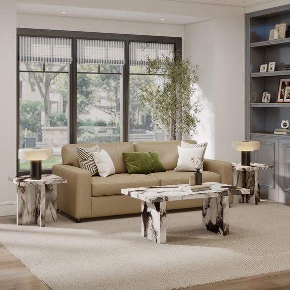 Roundhill Furniture Cavira 3-Piece Faux Marble Coffee Table Set, Coffee Table and Two Side Tables, Off-white
