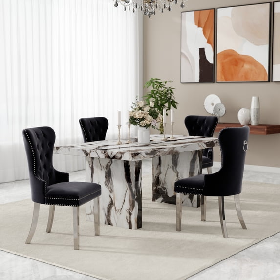 Roundhill Furniture Cavira 5-Piece Modern Dining Set, Faux Marble Dining Table with Four Chairs, Black