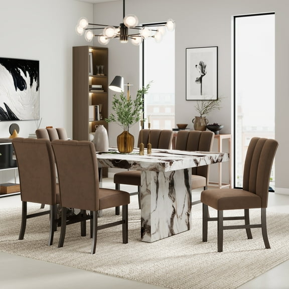 Roundhill Furniture Cavira 5-Piece Modern Faux Marble Dining Set, Double Pedestal Table with 6 Upholstered Chairs