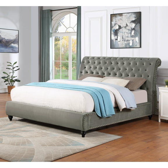 Roundhill Furniture Cerderia Velvet Upholstered Button Tufted Nailhead Trim Sleigh Bed, Queen, Gray