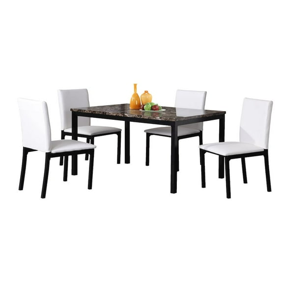 Roundhill Furniture Citico 5Pc Dining Set with Laminated Faux Marble Top, Black Table with White Chairs