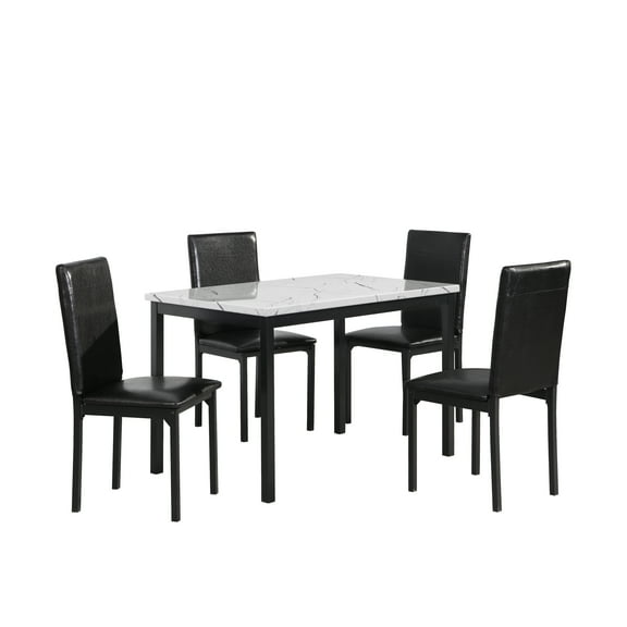 Roundhill Furniture Citico Metal 5-Piece Dinette Set with Laminated Faux Marble Top, Off White Table with Black Chairs