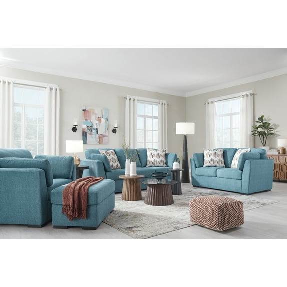 Roundhill Furniture Clareen 4-Piece Living Room Set, Sofa Loveseat Cutler Chair and Ottoman, Teal
