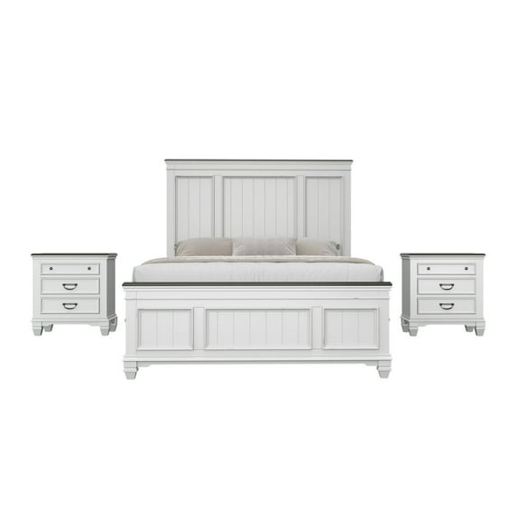 Roundhill Furniture Clelane 3-Piece Wood Bedroom Set, Queen Bed and 2 Nightstands, Weathered White