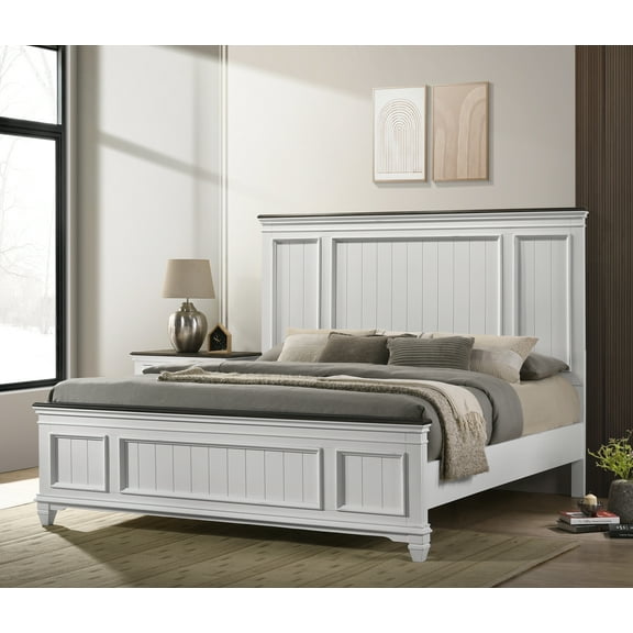 Roundhill Furniture Clelane Shiplap Wood Panel Bed, King Size, Weathered White and Gray