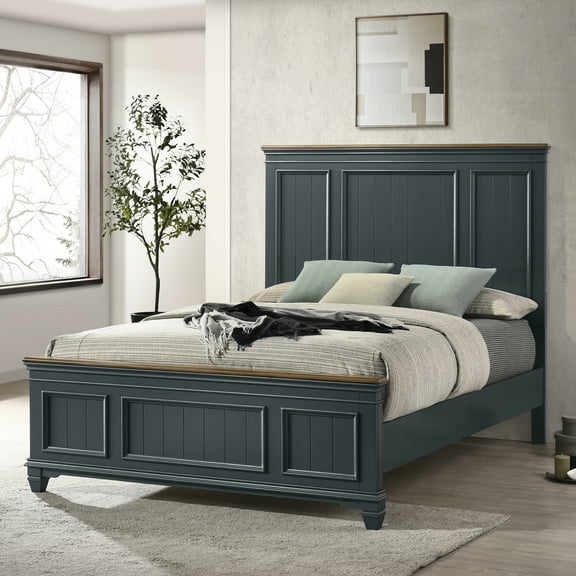 Roundhill Furniture Clelane Shiplap Wood Panel Bed, Queen, Slate Blue