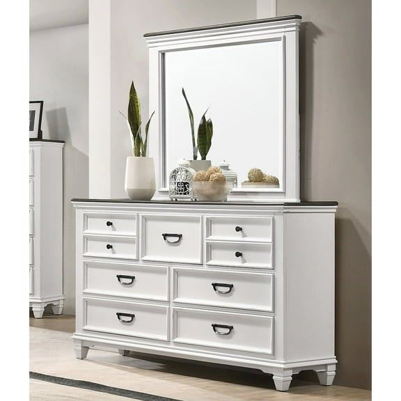 Roundhill Furniture Clelane Wood 7-Drawer Dresser with Mirror, Weathered White and Gray