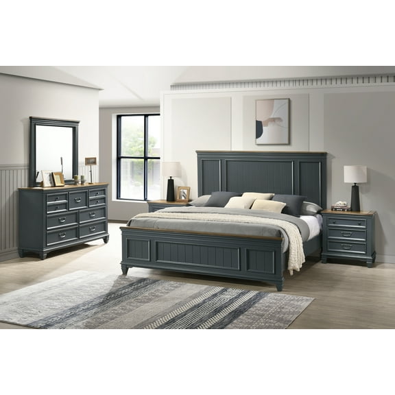 Roundhill Furniture Clelane Wood Bedroom Set Panel King Bed, Dresser, Mirror, and Two Nightstands