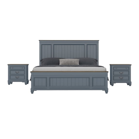 Roundhill Furniture Clelane Wood Bedroom Set Panel King Bed and 2 Nightstands
