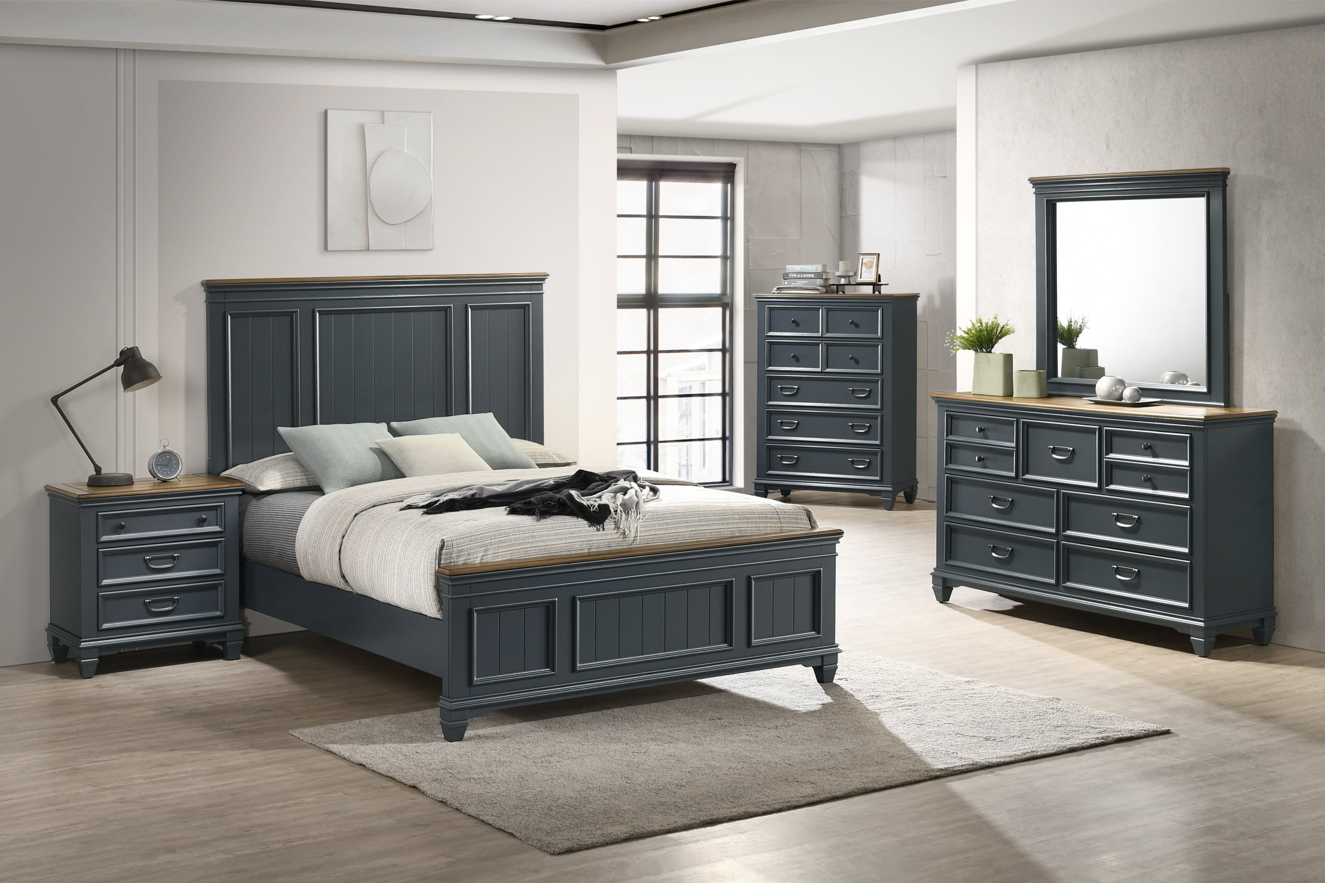 Roundhill Furniture Clelane Wood Bedroom Set Panel Queen Bed, Dresser, Mirror, Nightstand, Chest