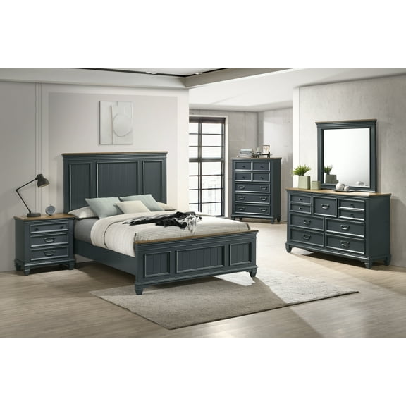 Roundhill Furniture Clelane Wood Bedroom Set Panel Queen Bed, Dresser, Mirror, Nightstand, Chest