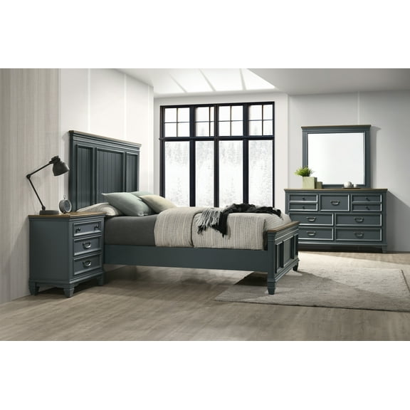 Roundhill Furniture Clelane Wood Bedroom Set Panel Queen Bed, Dresser, Mirror, and Nightstand