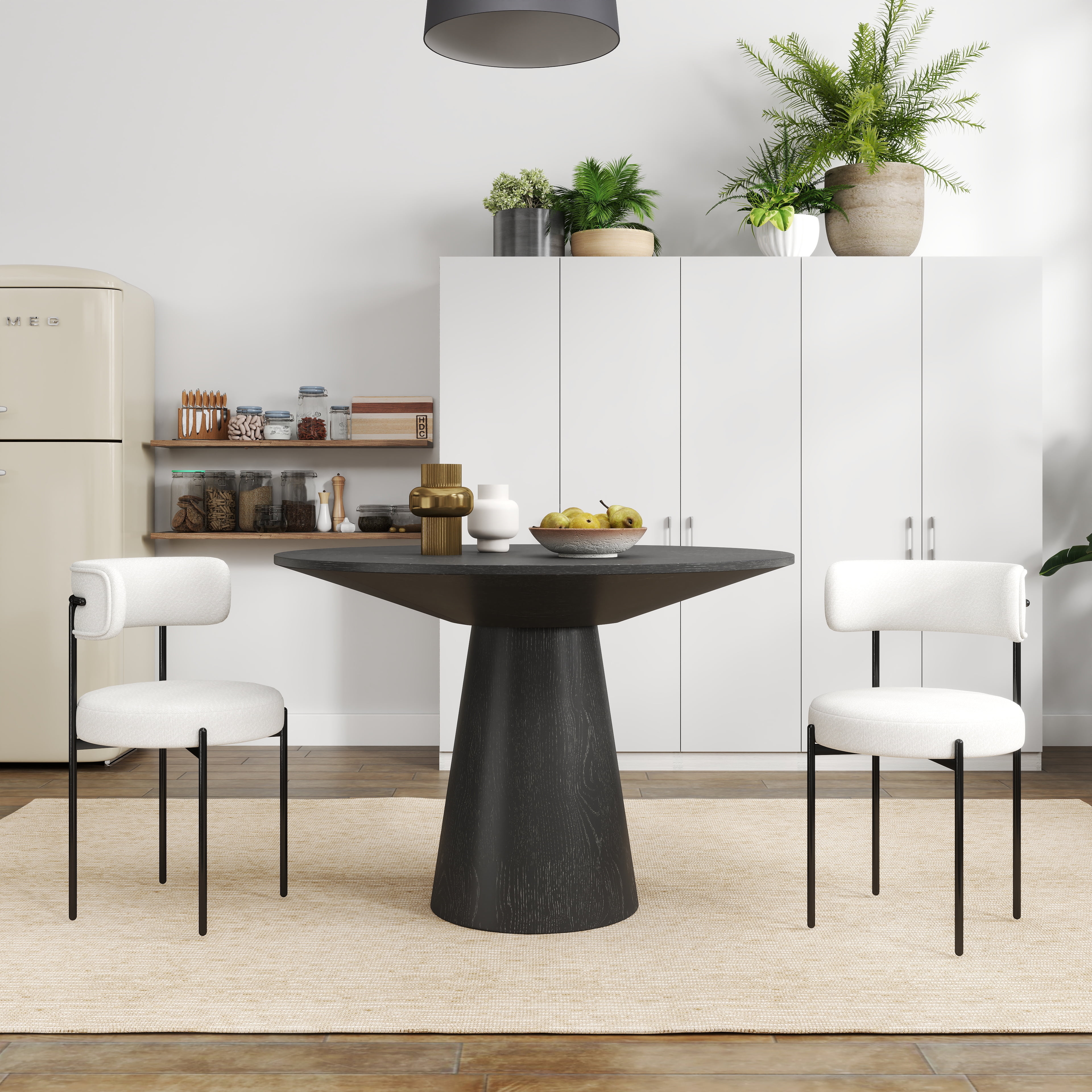 Ebony Black Round Pedestal Dining Table with White Boucle Chairs