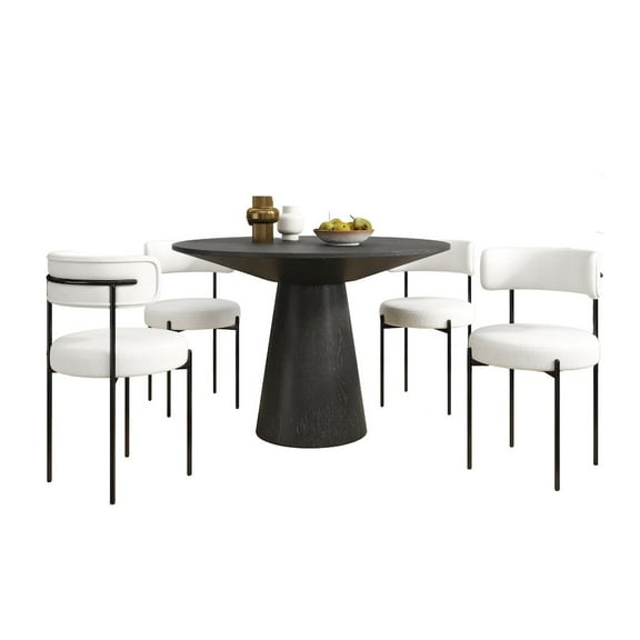 Roundhill Furniture Corff 5-PC Round Dining Set, Pedestal Dining Table with 4 Boucle Chairs, White