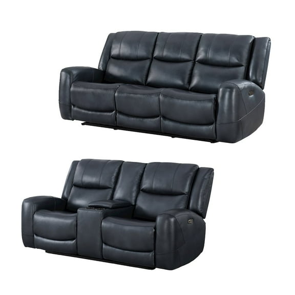 Roundhill Furniture Cozura Leather Power Recling Sofa and Loveseat, Chesapeake Blue