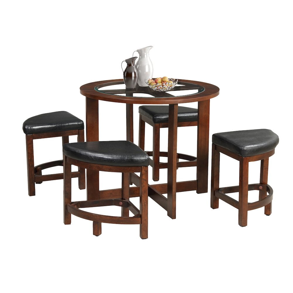 Cylina Dark Brown Glass Top Round Dining Table with 4 Faux Leather Chairs